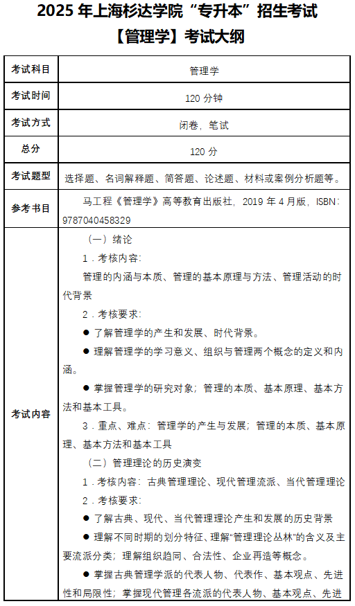 上海杉达学院2025年专升本管理学考试大纲